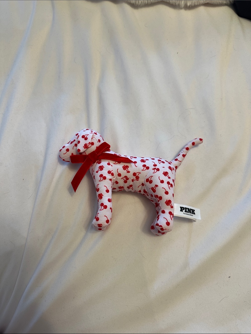 PINK Victoria's Secret White Plush Dog Toy with Red Cherry Print